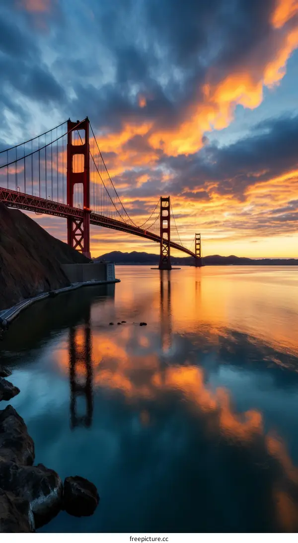 Golden Gate Bridge at sunrise reflecting in calm waters
