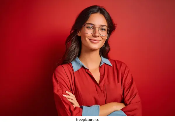 Confident Woman in Red Blouse with Glasses