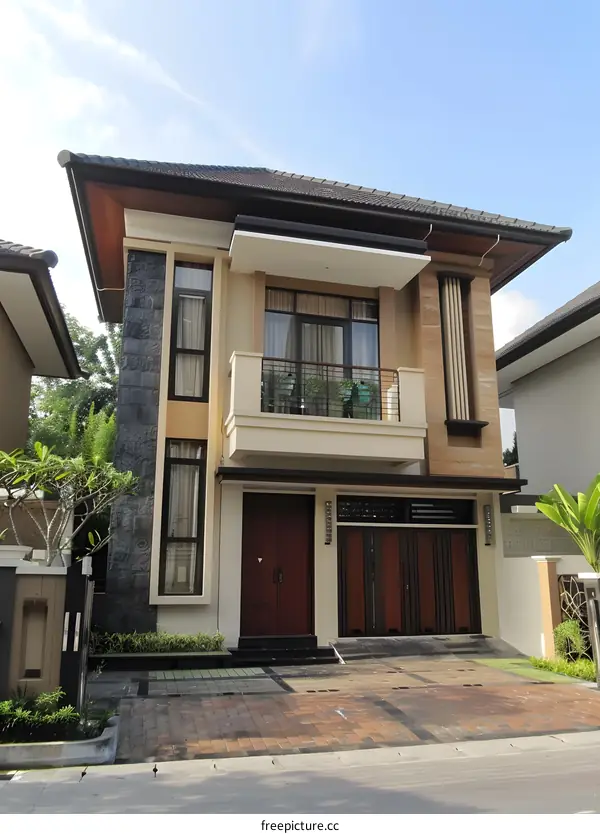 Modern House with Stone Wall and Balcony