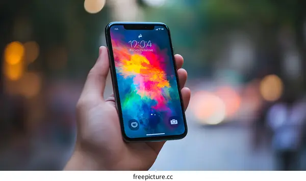 Hand Holding Smartphone With Colorful Abstract Background