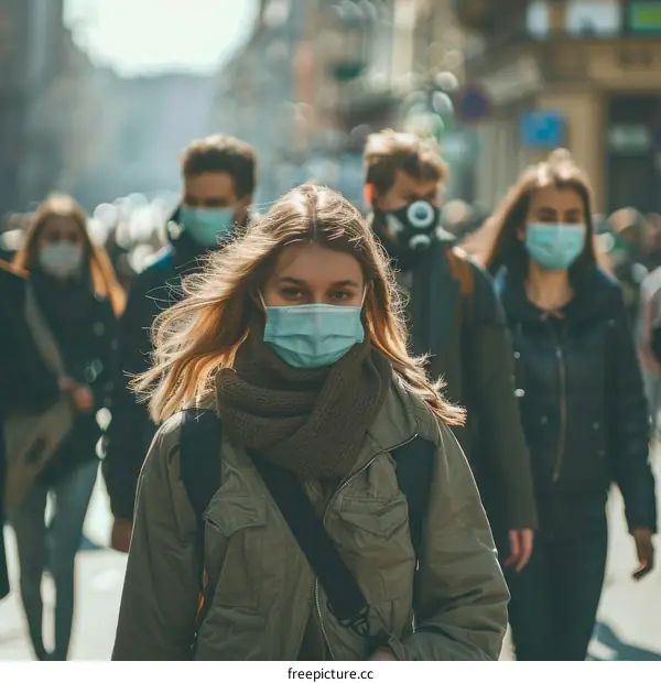 Crowded City Amidst Coronavirus Pandemic with Masked Pedestrians