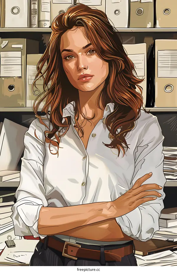 Confident businesswoman standing in front of a filing cabinet