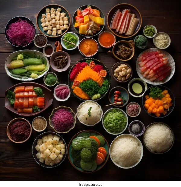 A variety of fresh and healthy ingredients are arranged on a wooden table.