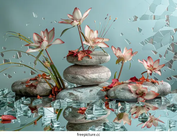Stones, Glass, and Flowers Composition