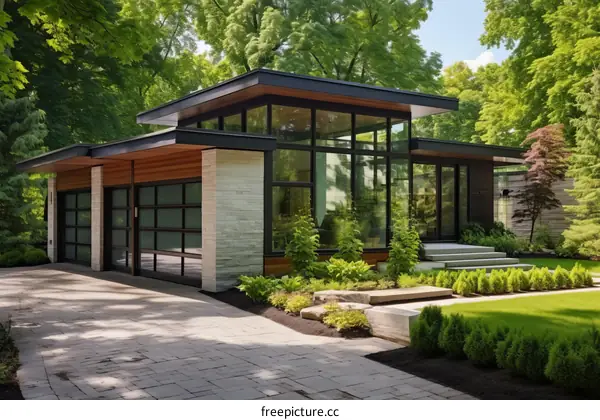 Modern House Exterior Design with Large Glass Windows and Stone Walls