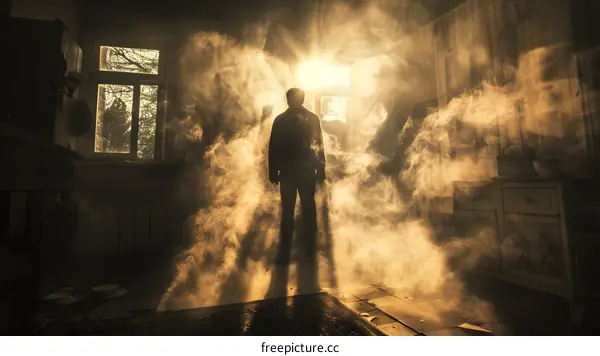 man standing in the middle of a room filled with smoke
