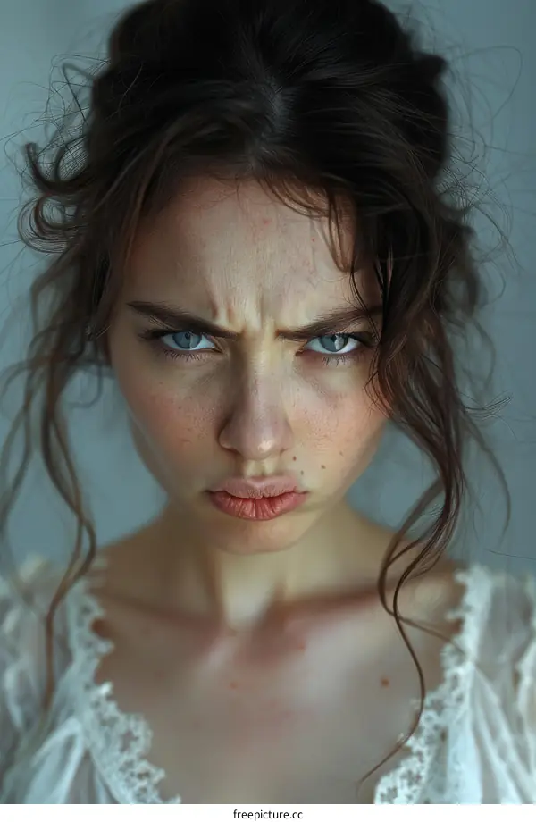 Angry Young Woman with Frowning Face