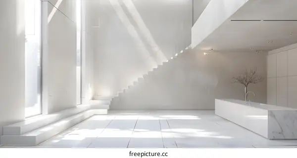 Minimalist Modern Interior Design with White Stairs and Kitchen Island