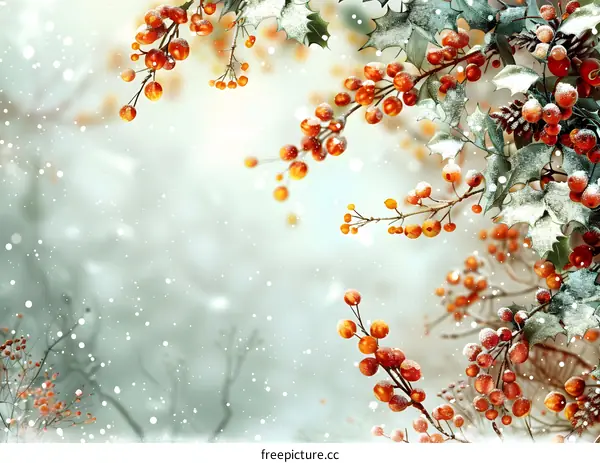 Christmas Background With Holly Berries And Pine Cones