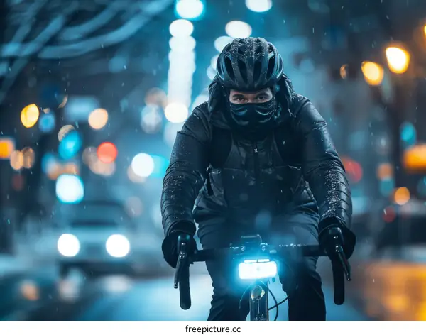 A cyclist rides through a snowy city street at night