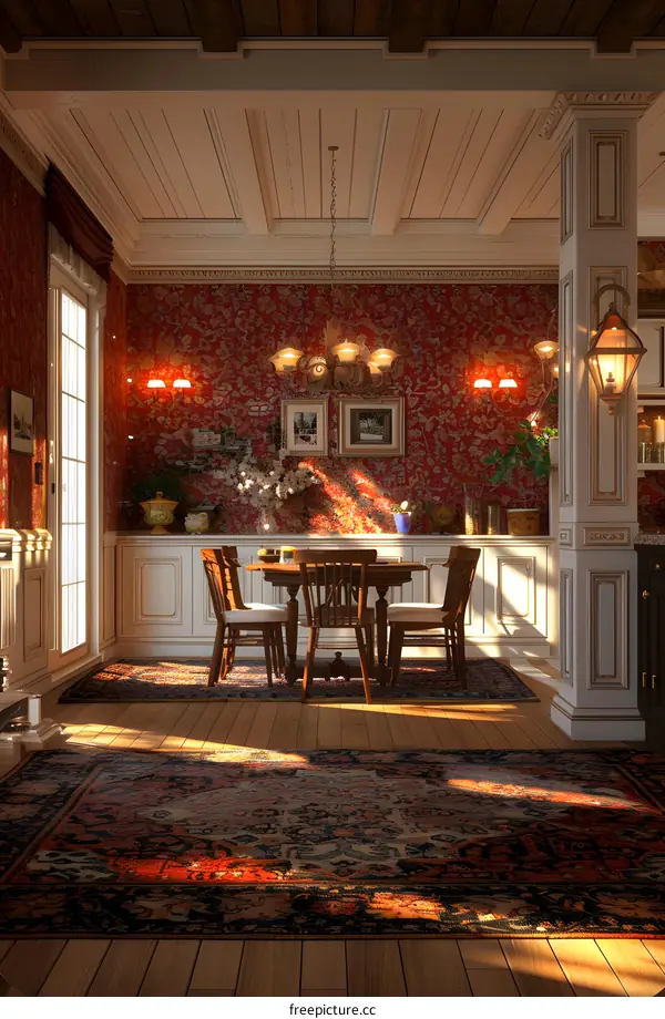 Retro home interior with wooden table and chairs in the center of the room