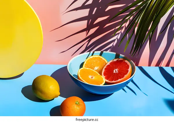 Citrus Fruits in Blue Bowl with Palm Leaf Shadow on Pink and Blue Background