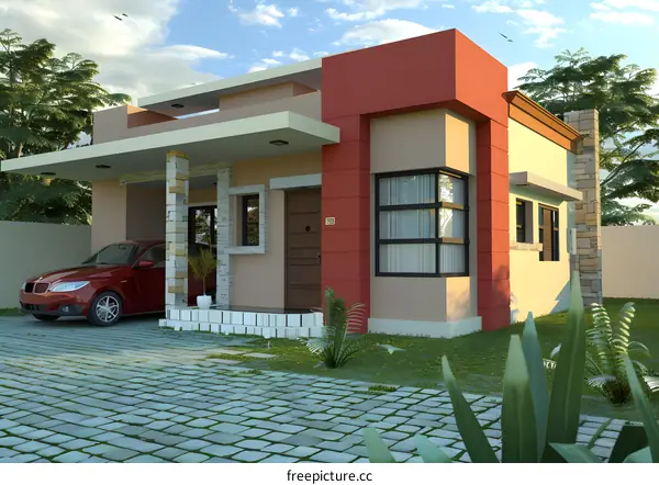 Modern House Design with Red Wall and Green Grass