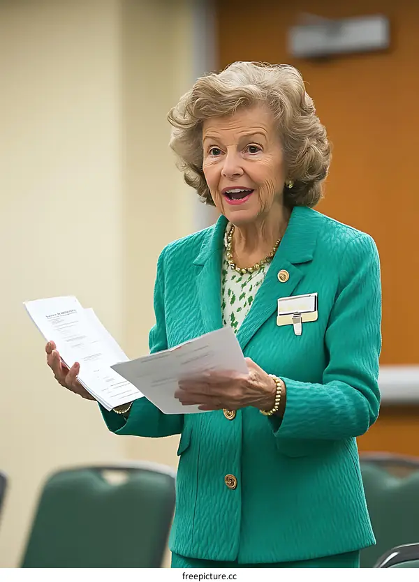 Woman in Green Suit Speaking at a Conference