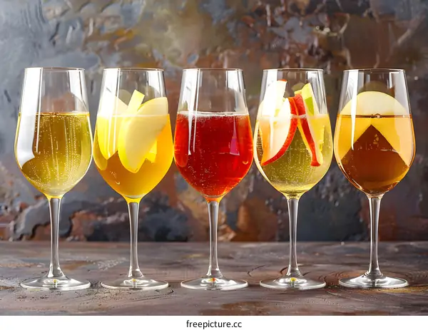 Five Different Flavored Apple Cider Drinks in Wine Glasses