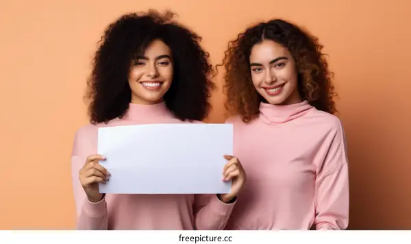 Two young women of color holding a blank sign