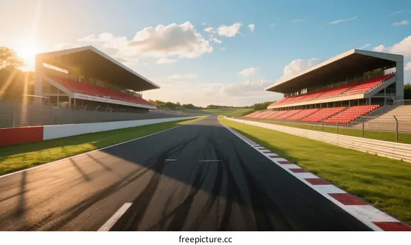 Empty race track with modern grandstands under sunny sky