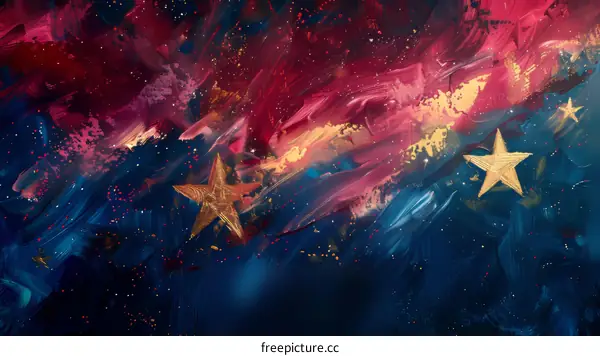 Golden stars floating in a sea of red, blue, and purple stardust