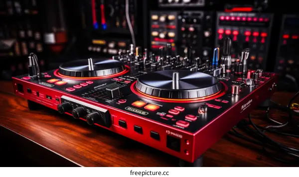 red and black dj controller on a wooden table