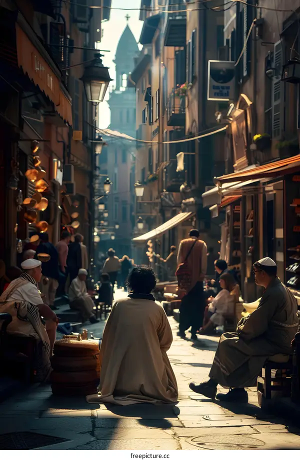 Narrow Street in a City With People Walking and Sitting