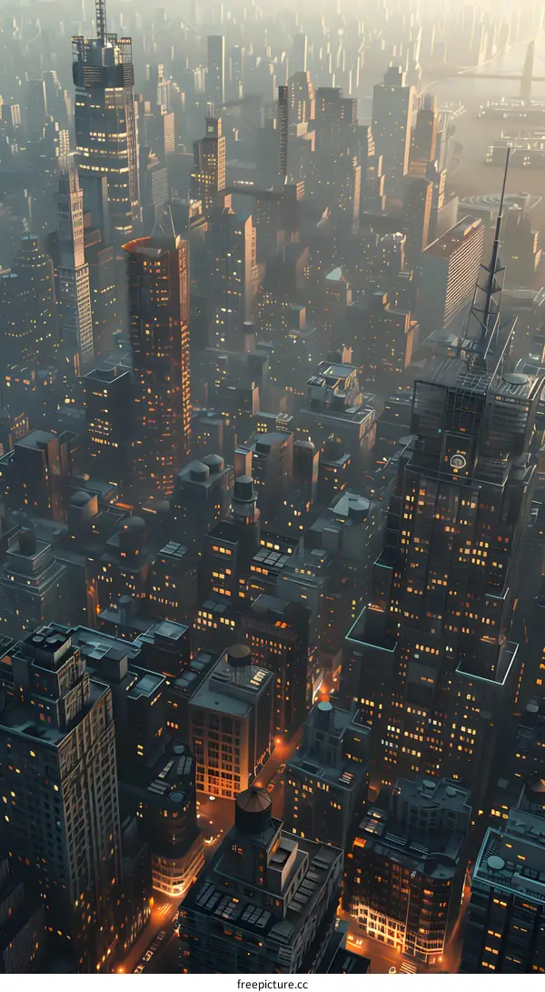 A birds eye view of a large city with skyscrapers and city lights at night