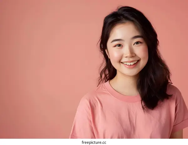 Smiling Asian Woman Wearing Pink T-Shirt Against a Pink Background