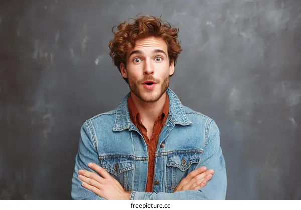Young man with curly hair in denim jacket looking surprised