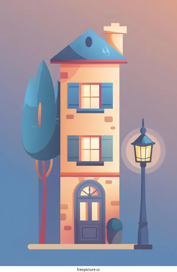 Cartoon Illustration of a House with a Lamp Post