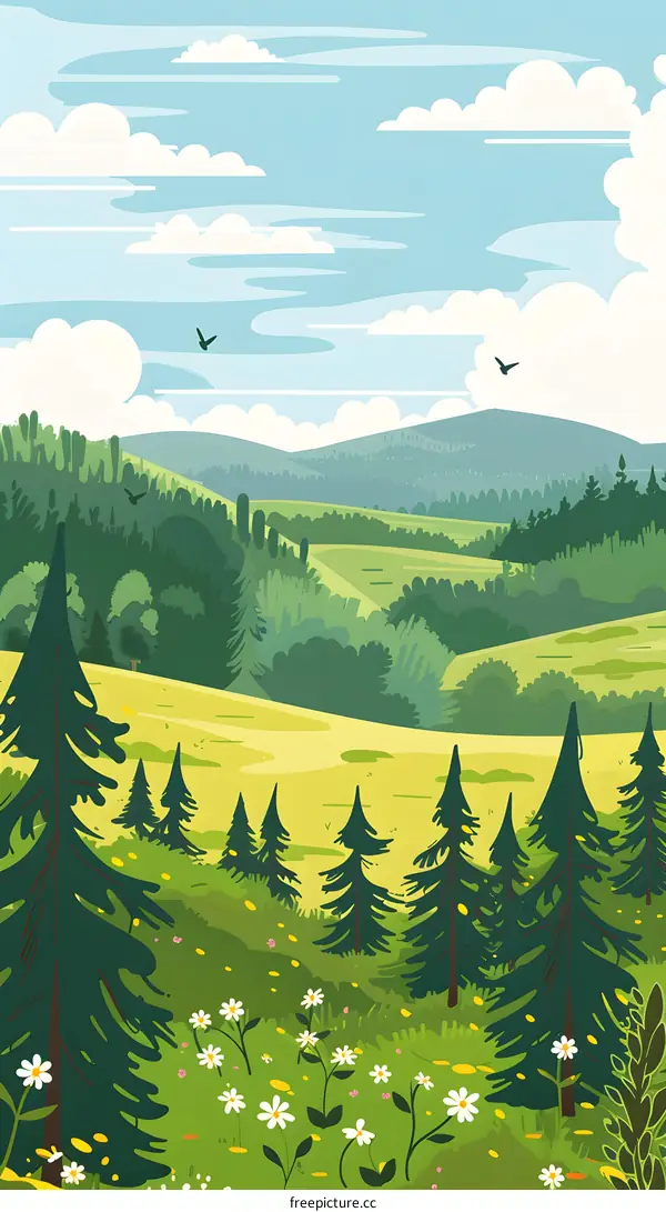 Green Forest Landscape with Mountains and Clouds Illustration