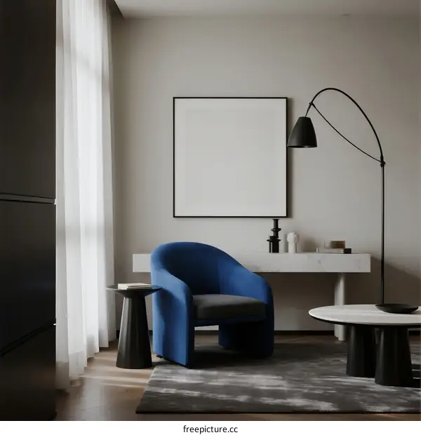 Modern living room with blue armchair and minimalist decor