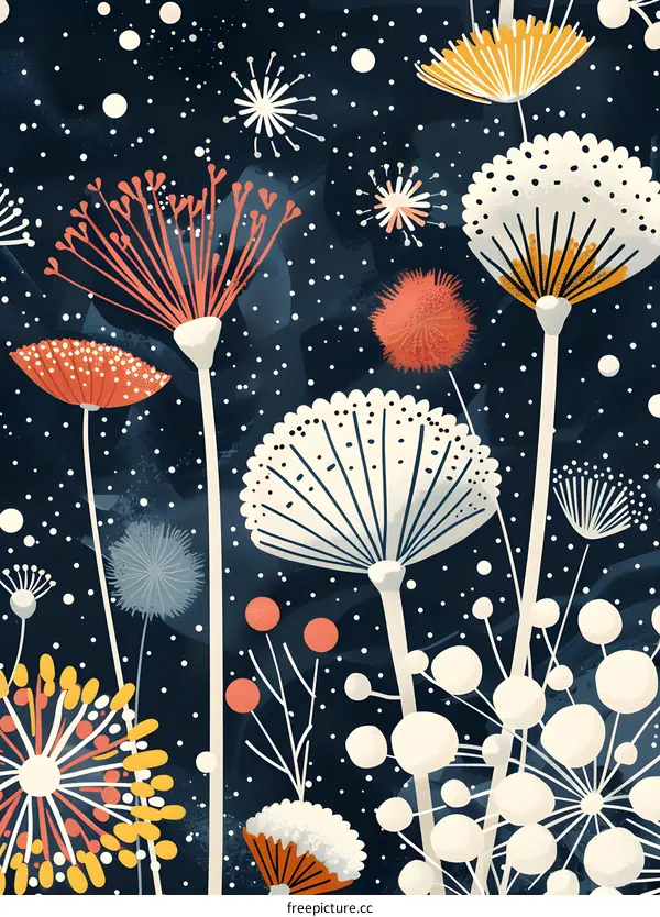 Abstract Floral Pattern with White and Yellow Flowers on a Dark Blue Background