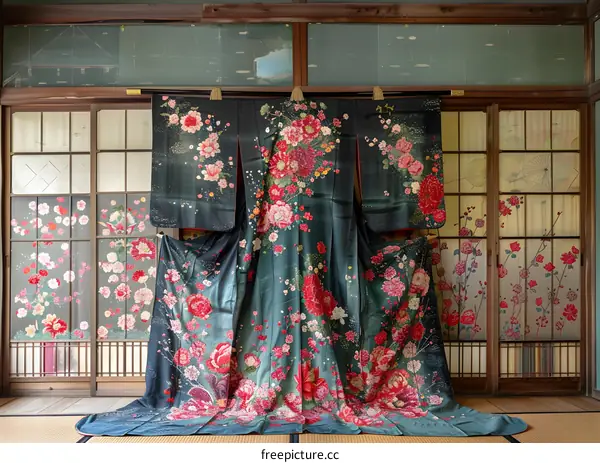 A kimono with a floral pattern displayed in a traditional Japanese room