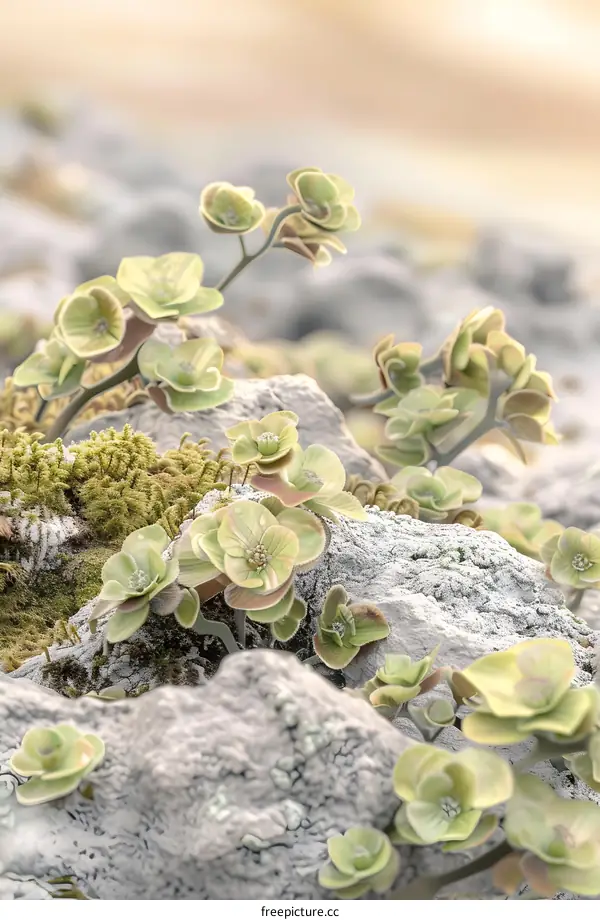 Green Flowers Growing on Rocks
