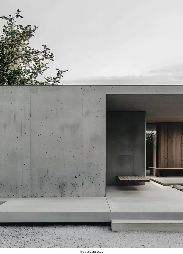Modern Minimalist Concrete House Exterior With Wooden Bench