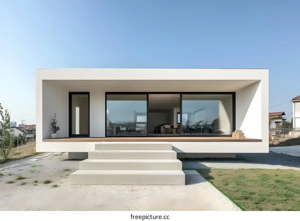 Modern White House with Minimalist Design and Large Windows