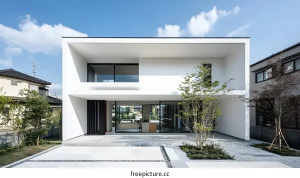 Modern White House with Minimalist Design and Large Windows