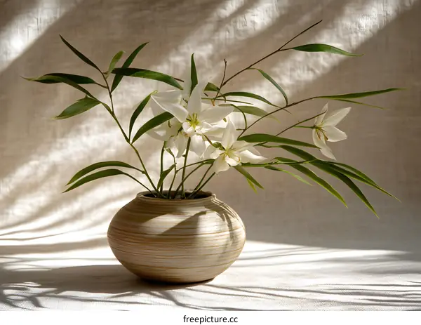 White Flowers in a Clay Vase on a Beige Fabric Background