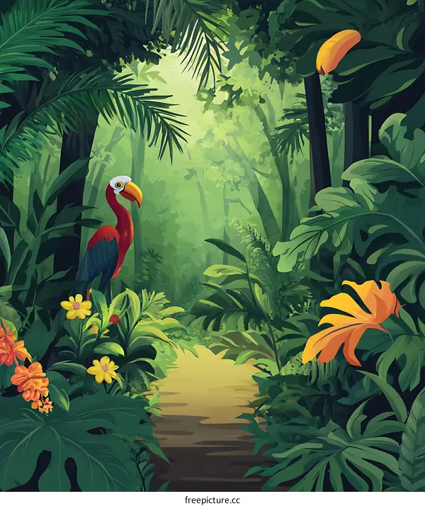 Jungle Path with Tropical Bird and Lush Greenery