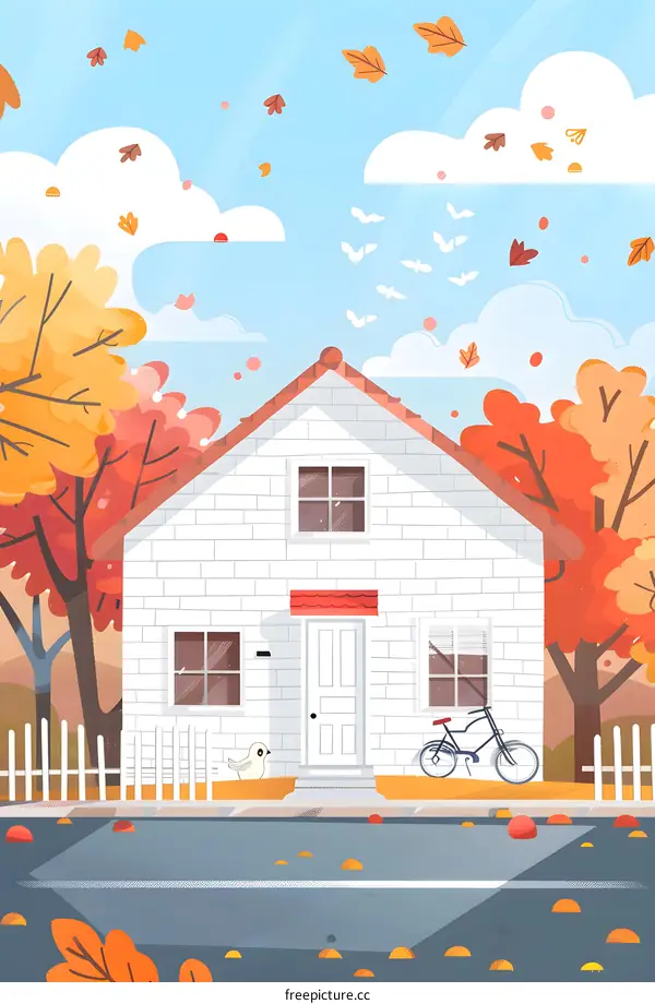 White Brick House With Autumn Leaves
