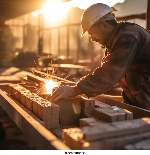 Construction worker using a grinder to cut metal