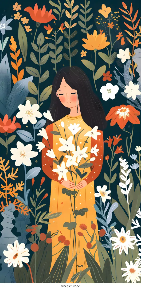 Girl Standing in a Garden of Flowers