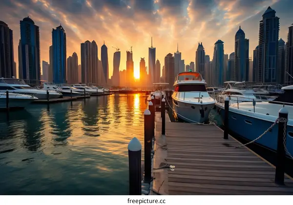 Dubai Marina Skyline at Sunrise with Modern Skyscrapers and Luxury Yachts