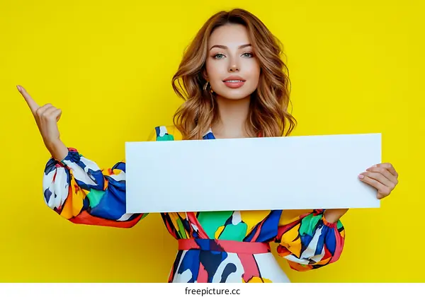 Woman in colorful dress holding blank sign against yellow background