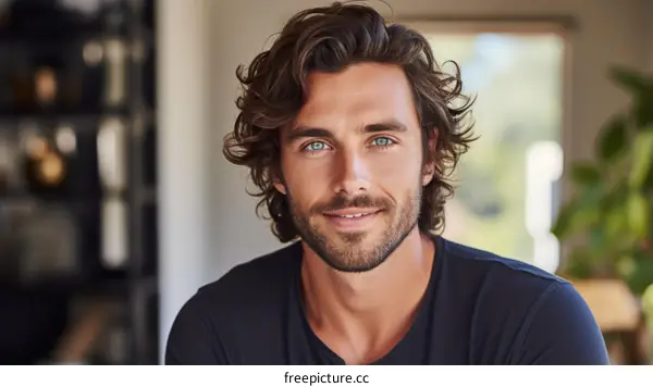Portrait of a handsome young man with long brown hair and blue eyes smiling at the camera
