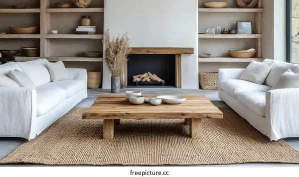 Modern Minimalist Living Room with White Sofa and Wooden Coffee Table