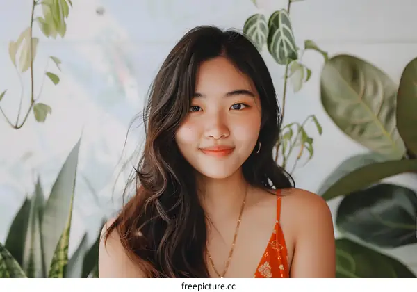 Portrait of a Young Asian Woman with Green Plants