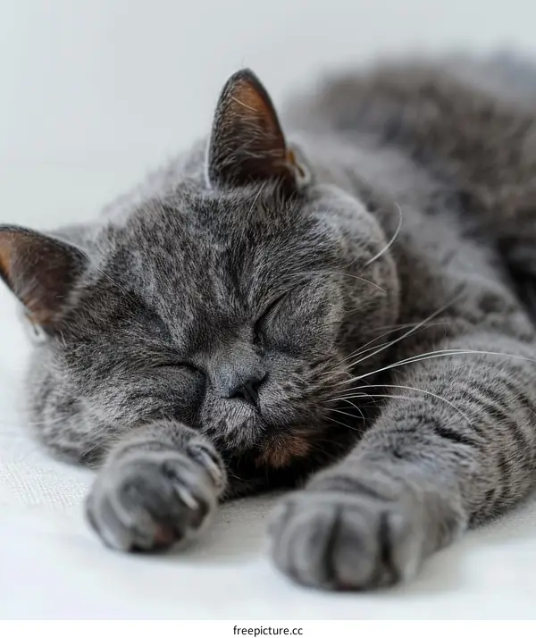 Sleeping British Shorthair Cat on a White Surface