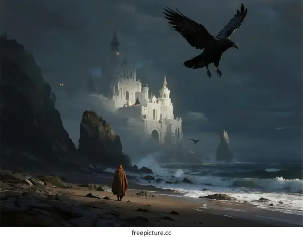 Mysterious Castle on Rocky Beach with Flying Raven and Figure