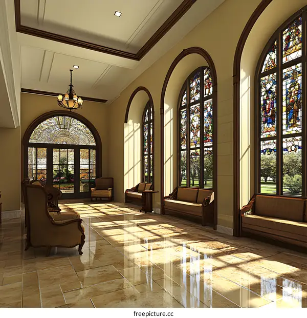 Stained Glass Windows in a Grand Lobby