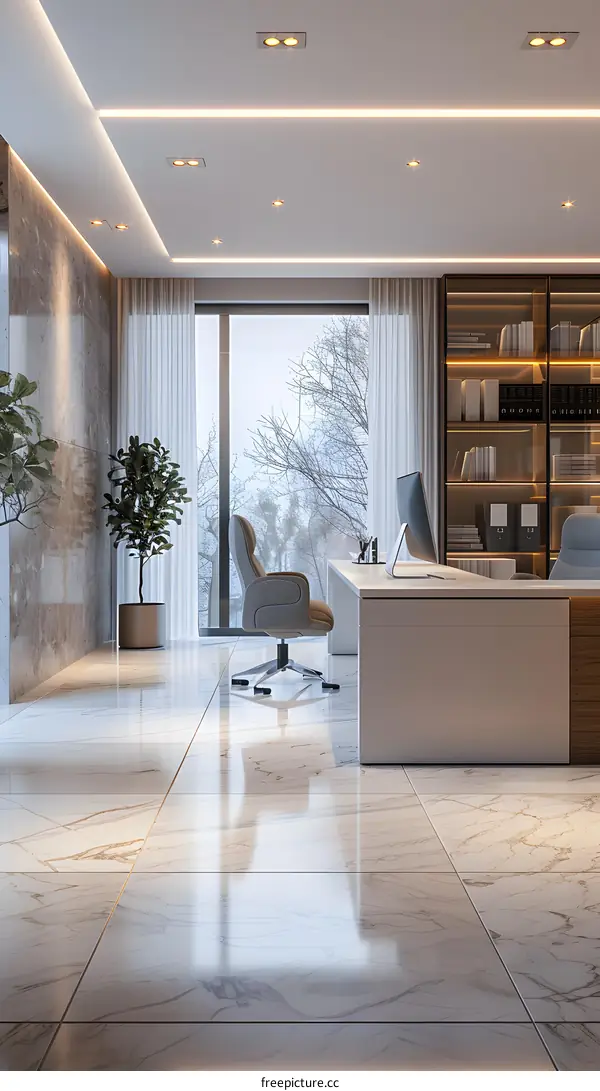 Modern office interior design with large windows and marble floor